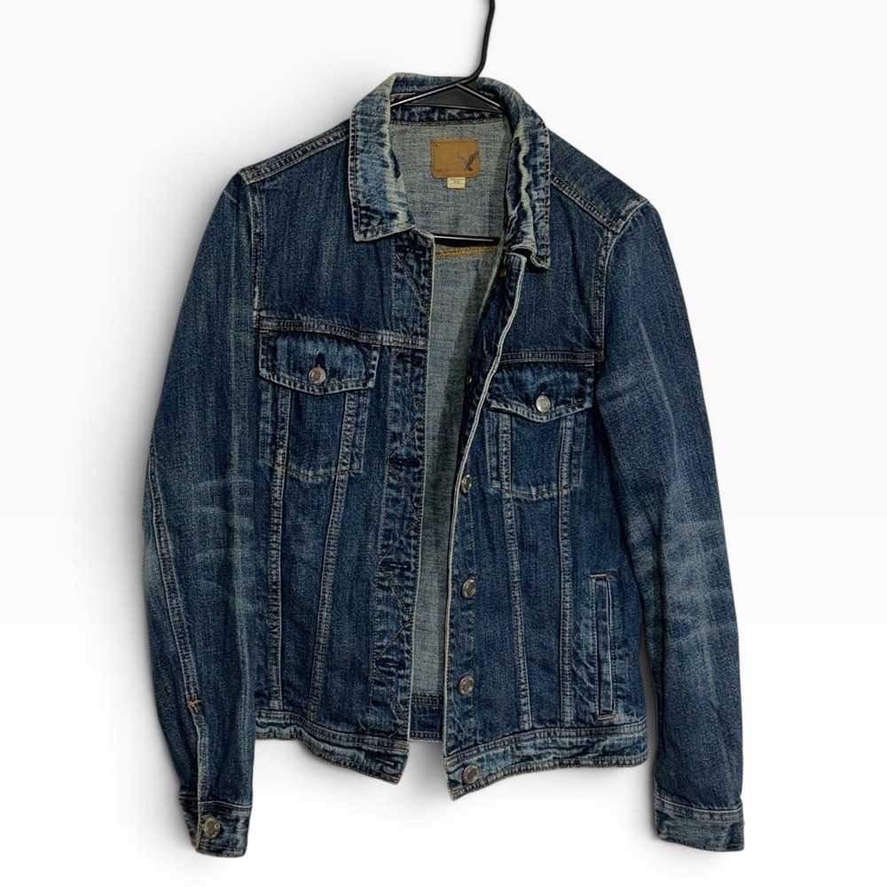 American Eagle Distressed Denim Jacket Women Small Blue Cropped Boho Cotton